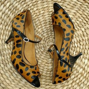 Samanta calf hair peep toe Mary Janes with rhinestone buckles NIB